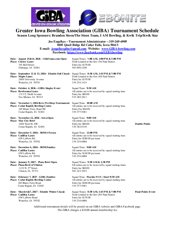 2026-27 Greater Iowa Bowling Association schedule